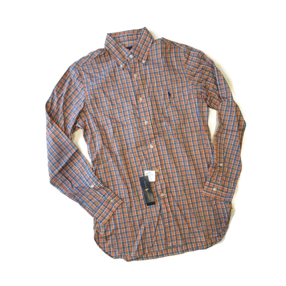 POLO RALPH‎ LAUREN New Mens plaid SHIRT long sleeve Orange Blue Small S